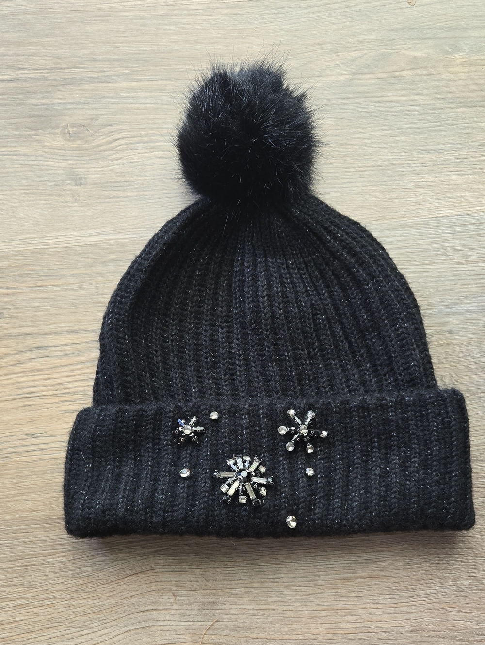 Victoria's Secret Black Knit Pom Beanie with Crystal Snowflake Accents